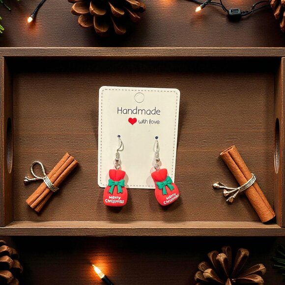Handmade Christmas Gift Bag Earrings | Polymer Clay Holiday Jewelry - Picture 6 of 12